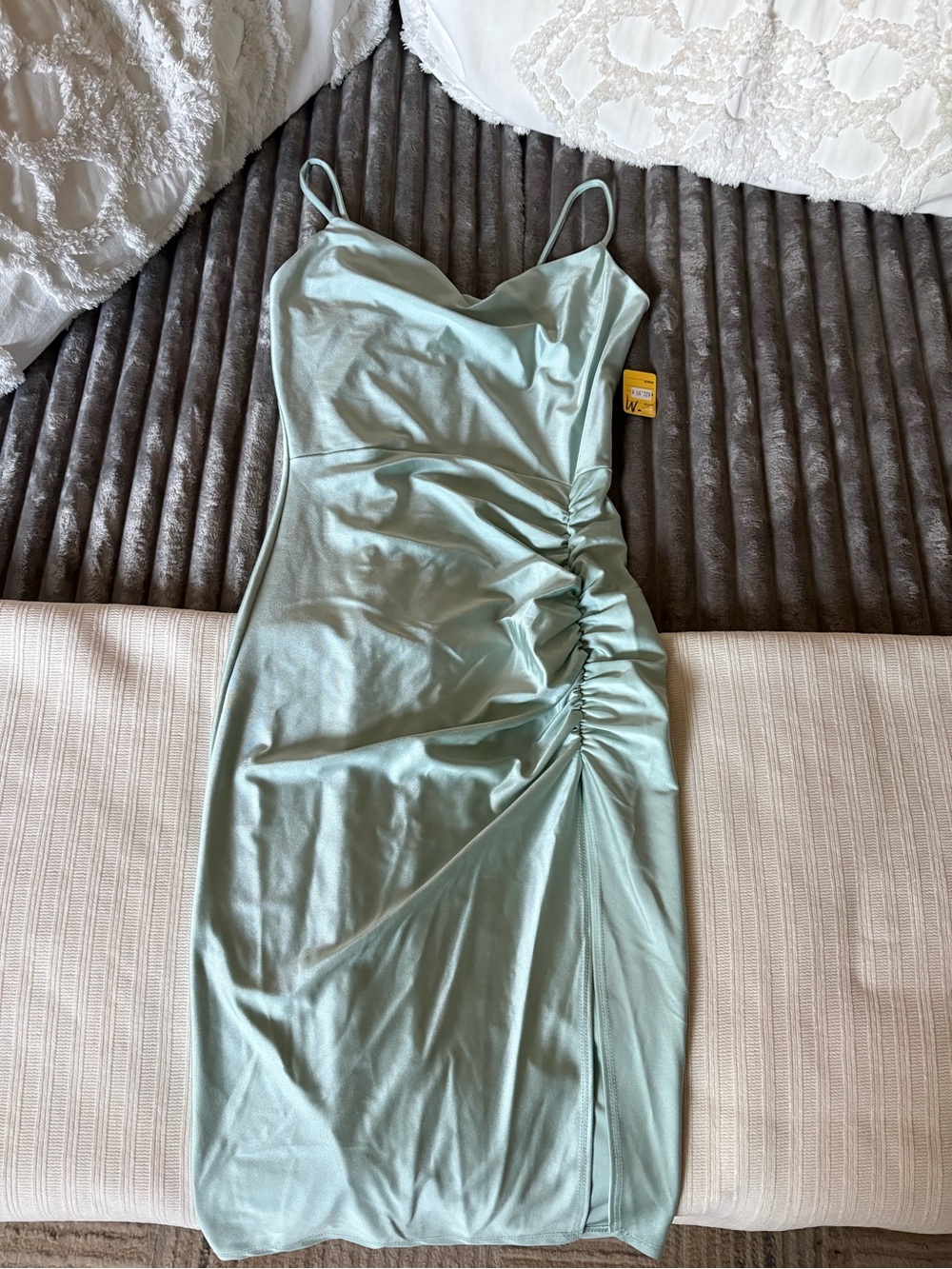 New Mistyrose Satin Ruched Slip Dress in Sage Green